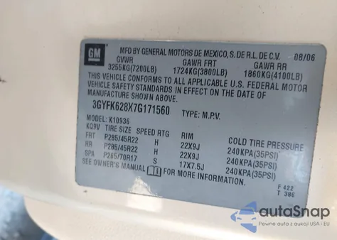 2007 Cadillac Escalade Ext Standard from USA, damaged, VIN 3GYFK628X7G171560